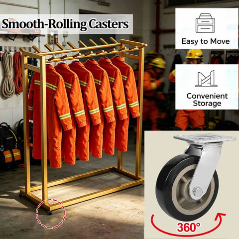 Heavy Duty Double Row Rolling Garment Rack With Twenty Bars For Life Vests And Wetsuits, featuring smooth-rolling casters for mobility.