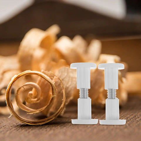 50 White Wood Panel Fasteners And Connector Bolts Kit For Cabinet And Tabletop Assembly with wood shavings background