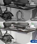 Before and after of installed Six Piece Open Slot Wiring Raceway Duct For Under Desk Cable Management And Cord Track