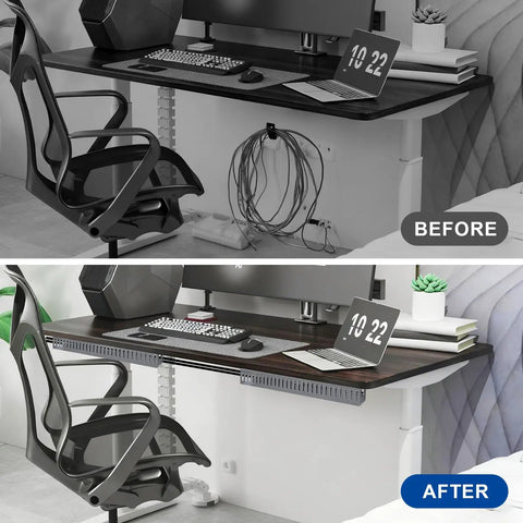 Before and after of installed Six Piece Open Slot Wiring Raceway Duct For Under Desk Cable Management And Cord Track