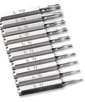 10 Piece Torx Bit Set With 28mm Long Bits, Precision S2 Alloy Steel, T1 To T10, arranged in parallel view
