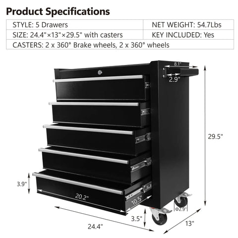 Five Drawer Rolling Tool Chest On Wheels For Garage And Workshop Heavy Duty Steel Tool Cart With Lockable Drawers Tool Storage Cabinet Mobile Toolbox Organizer In Black Finish, 24.4 x 13 x 29.5 in