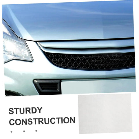 Stainless Steel Bumper Repair Mesh Kit Two Pack for quick fixes on plastic holes and cracks, displayed near a car grille.