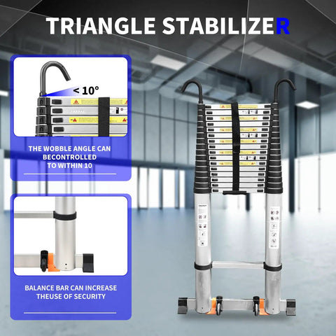 Telescoping Ladder 24.6 Ft Heavy Duty Aluminum Extension Ladder With Adjustable Sections And Removable Hooks For Roof Access Attic Loft And Exterior Maintenance Built Tough And Easy To Store, with triangle stabilizer and balance bar