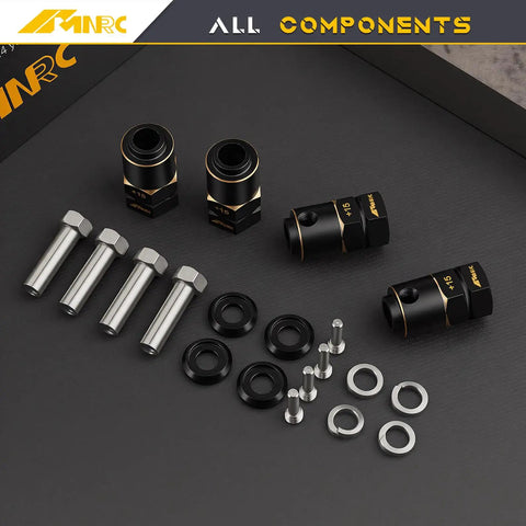 Brass Wheel Spacers Kit 4Pcs Plus 15mm Wide 20mm Length 12mm Hub RC Crawler Upgrade For Axial TRX4 1 To 10 Scale Adds Weight Wider Track More Stability And Cooler Look, black brass spacers and hardware