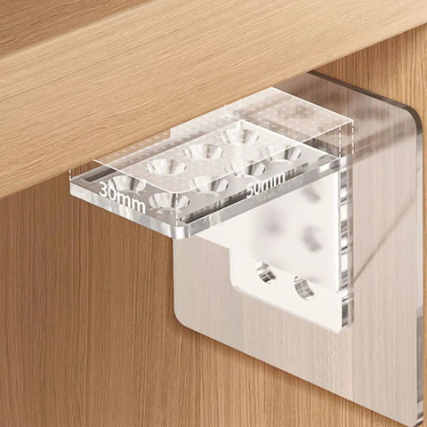 Close-up of removable cabinet shelf brackets with clear adhesive backing no drill installs instantly and stays solid for damage free