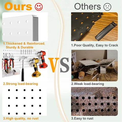 Comparison of heavy duty metal pegboard wall organizer kit with competitors showing quality and durability differences.