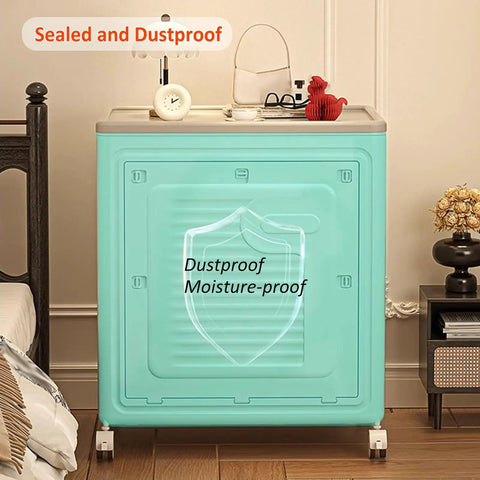Roomy Foldable Clothes Storage Bin With Tight Seal Lid And Easy Roll Wheels, 125 Quart Heavy Duty Closet Organizer in teal, dustproof and moisture-proof.