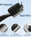 Golf Towel And Club Brush Set showing close-up of black handle, wire brush, PP bristles, and metal spike.