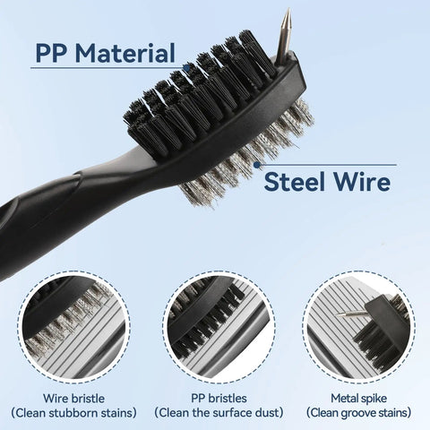 Golf Towel And Club Brush Set showing close-up of black handle, wire brush, PP bristles, and metal spike.
