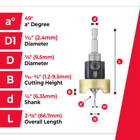 82 Degree Countersink Drill Bit With Adjustable Depth Stop And No Thrust Ball Bearing, diagram showing measurements.