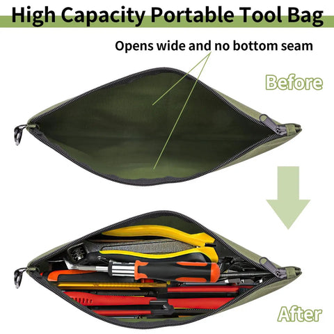 3 Pack Heavy Duty Tool Pouch Set With Zipper Carabiner Clips Rugged Premium Multipurpose Gear Pouches holding tools and accessories