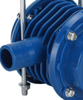 Close-up of Kickass Self Priming Drill Pump with blue ABS casing and stainless steel fittings for fast water transfer.