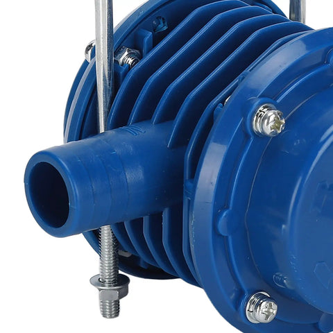 Close-up of Kickass Self Priming Drill Pump with blue ABS casing and stainless steel fittings for fast water transfer.