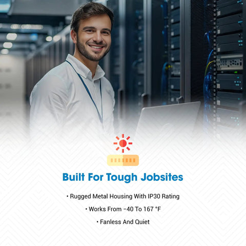 Heavy Duty Industrial PoE Plus Extender Delivers 80 Watts On Din Rail Mount, rugged metal housing in a server room.