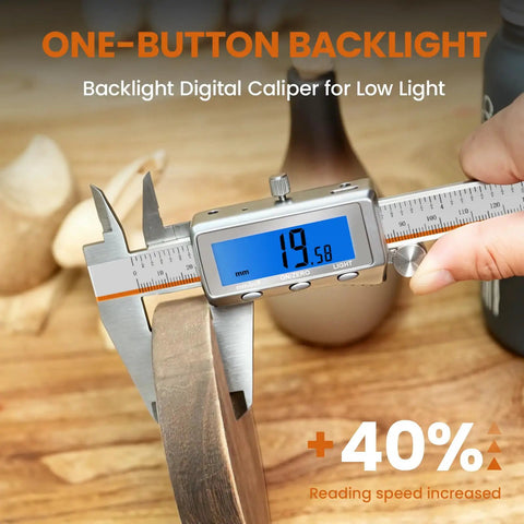 6 Inch Digital Caliper With Rechargeable Battery And Large Backlit LCD For Ultra Precise Measurements In Inches Millimeters And Fractions, Type C Charge, No More Battery Replacements, The Go To Tool For 3D Printing Woodworking And DIY, backlit readout measuring metal part