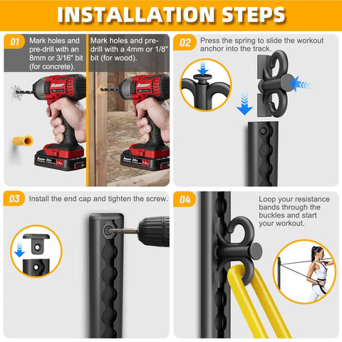 Installation steps for Adjustable Aluminum Resistance Band Wall Mount With 40 Inch Self Locking Track for Home Gym Fitness Anchors.