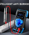 3 In 1 Handheld Oscilloscope Multimeter With DDS Generator, 2 Channels displaying voltage on screen, probes connected to outlet