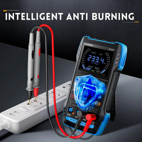 3 In 1 Handheld Oscilloscope Multimeter With DDS Generator, 2 Channels displaying voltage on screen, probes connected to outlet
