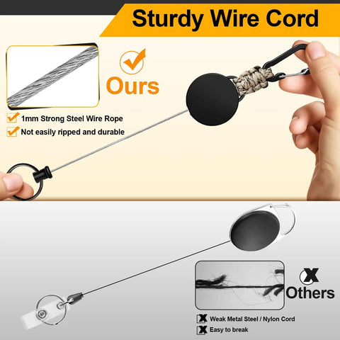Comparison of Set Of Four Retractable Keychains With Heavy Duty Carabiner Badge Holders, Extendable Reels, And 23.6 Inch Steel Cord Plus Paracord, ID Holder Key Ring Set In Black Beige Blue Orange, Built Tough For Daily Use showing strong wire vs weak cord