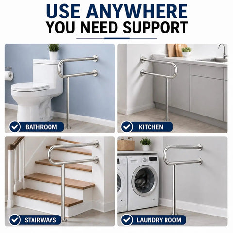 Rock Solid Floor Mounted Toilet Knurled Grab Bar With Leg Heavy Duty Brushed Nickel Stainless Steel Support Handle Bathroom Stand Assist Safety Rail 31 Inch in bathroom and kitchen settings.