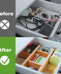 Drawer shown before and after using Expandable Bamboo Drawer Dividers Organizer For Big Drawers 17 To 22 Inches Long Adjustable Spring Loaded.