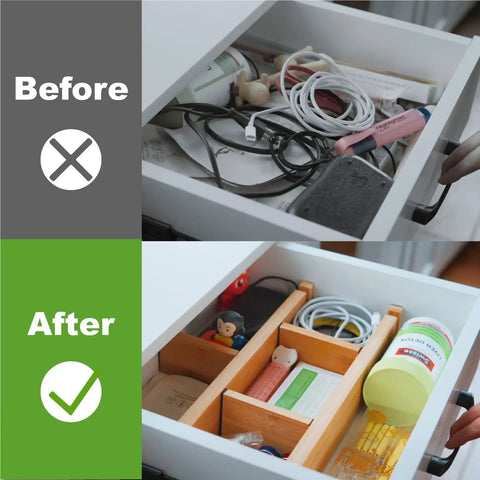 Drawer shown before and after using Expandable Bamboo Drawer Dividers Organizer For Big Drawers 17 To 22 Inches Long Adjustable Spring Loaded.