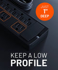 Close-up of Eight Outlet Surge Protector Power Strip With Slim Profile And 3420 Joules Of Protection for your TV, office, or gaming setup.