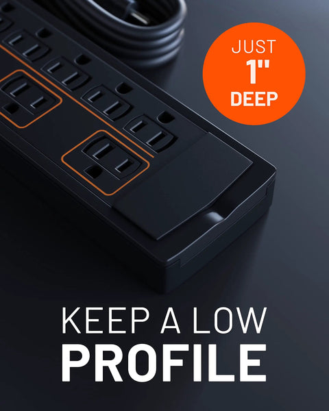 Close-up of Eight Outlet Surge Protector Power Strip With Slim Profile And 3420 Joules Of Protection for your TV, office, or gaming setup.