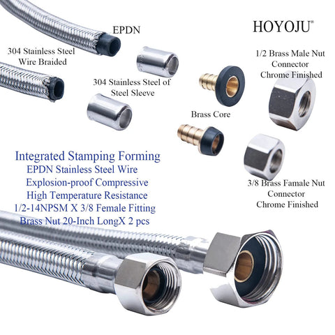 Two 20-inch braided stainless steel faucet supply hoses from Amazon with 1/2-14NPSM brass nuts and 3/8 female fittings.