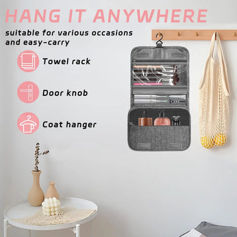 Compact Hanging Toiletry Bag With Hook Waterproof Travel Organizer for men and women displayed hanging on wall hook