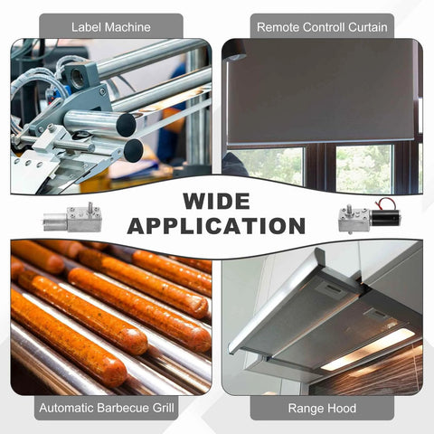 24V high torque worm gear motor applications in label machines, remote control curtains, grills, and range hoods.