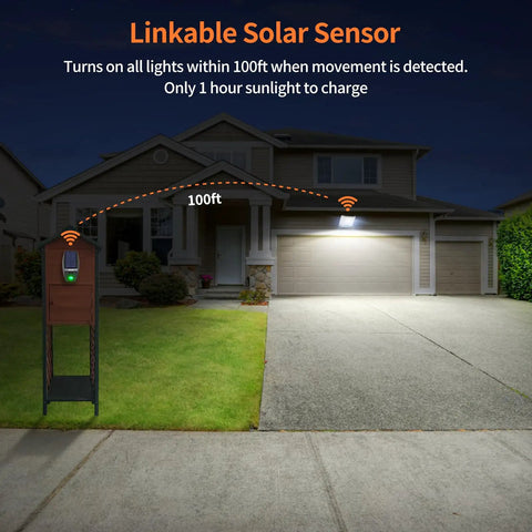 Linkable solar sensor demonstrating Solar Flood Lights Outdoor Waterproof No Wiring Needed With Remote 20000mAh 4000LM at night.