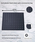 Matte Black Rain Shower Head With 12 Inch Square Head And 16 Inch Extension Arm, silicone jets detail view