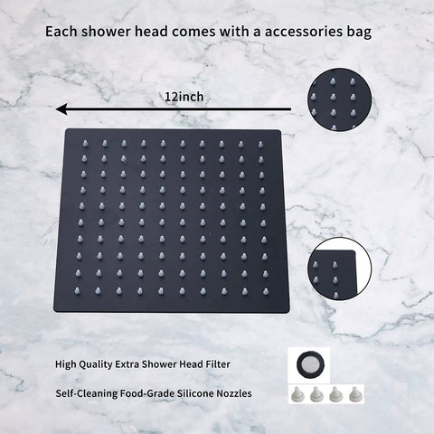 Matte Black Rain Shower Head With 12 Inch Square Head And 16 Inch Extension Arm, silicone jets detail view