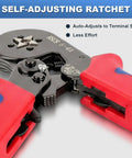 Wide Range Ferrule Crimping Tool For 23 To 7 AWG Wire Terminals With Four High Carbon Steel Dies Delivers Tight Square Crimps On 0.25 To 10 MM2 Terminals Great For Home DIY And Pro Electrical Work On The Job, self-adjusting ratchet close-up