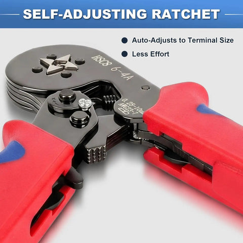 Wide Range Ferrule Crimping Tool For 23 To 7 AWG Wire Terminals With Four High Carbon Steel Dies Delivers Tight Square Crimps On 0.25 To 10 MM2 Terminals Great For Home DIY And Pro Electrical Work On The Job, self-adjusting ratchet close-up
