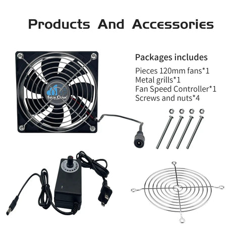 120mm Variable Speed Axial PC Cooling Fan With Controller And AC Plug Universal 120V 110V 220V Powerful Quiet Case Fan For PC Server Cabinet DVR TV Router Xbox And More with accessories