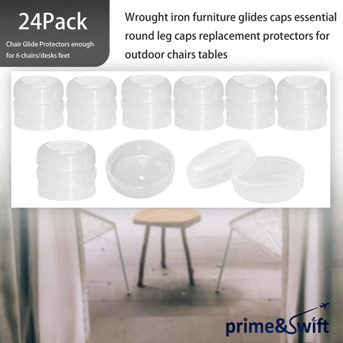 Heavy Duty Clear Wrought Iron Patio Furniture Foot Glides Caps 1.5 Inch Non Slip Table Leg Covers 24 Pack shown in a set of round leg caps for outdoor use.