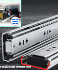 Heavy-Duty Locking Drawer Slides With Side-Mount Ball Bearing Rails Full Extension Track Glides For Cabinets And Cupboards 550mm 22in Length High Load Capacity Smooth Quiet Operation For Heavy Use, close-up of steel construction