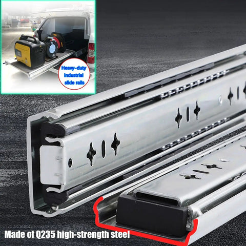 Heavy-Duty Locking Drawer Slides With Side-Mount Ball Bearing Rails Full Extension Track Glides For Cabinets And Cupboards 550mm 22in Length High Load Capacity Smooth Quiet Operation For Heavy Use, close-up of steel construction