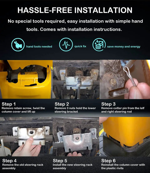 Installation steps for CR12 Steering Service Kit For Lawn Mowers And Compact Tractors Steering Rack Kit Pro Grade Compatible With CC30 CC30H CC30E Hydro Mini Riders Columbia CR30 MTD And Craftsman R1000 Lawn Tractors