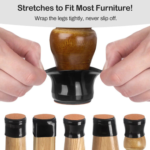 Person fitting 32 Pcs Chair Leg Protectors For Hardwood Floors Silicone With Felt Bottoms onto wooden furniture leg.