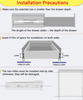 Installation guide for Heavy Duty Drawer Slides With Full Extension Ball Bearing Detachable Design For Cargo Racks Machinery Cabinets Industrial Drawers RVs Trucks And Vending Machines 38 Inch Length 950mm, showing clearance and side-by-side installation steps.