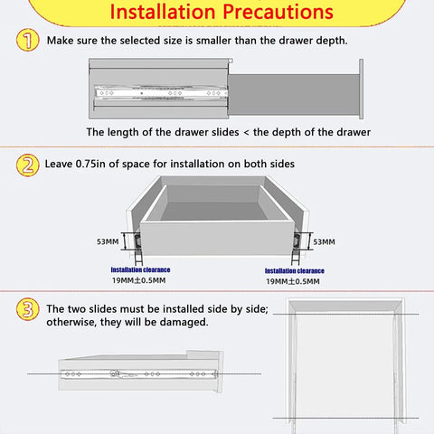 Installation guide for Heavy Duty Drawer Slides With Full Extension Ball Bearing Detachable Design For Cargo Racks Machinery Cabinets Industrial Drawers RVs Trucks And Vending Machines 38 Inch Length 950mm, showing clearance and side-by-side installation steps.