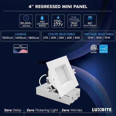 Real Deal 4 Inch Canless Recessed LED Lights Featuring Quick Dial 5 Cct Color And Heavy Duty Brackets For Tight Ceiling Gaps Wet Rated Square Trim Delivering Smooth Dimmable Performance In A 12 Pack with specifications