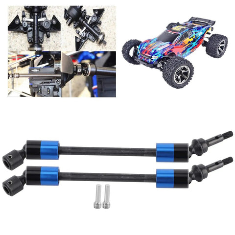 Beefy Hardened Steel Driveshaft Axles CVD Upgrade Kit for RC Cars shown with parts and colorful RC car model.