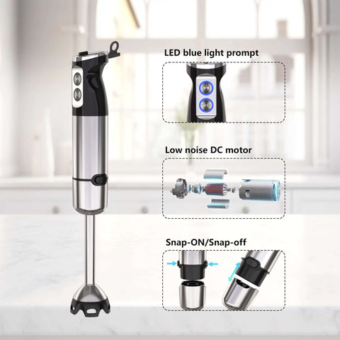 Straight Outta Box Kitchen Essential This 800W 5 In 1 Handheld Blender features LED light, low noise motor and easy snap-on design.