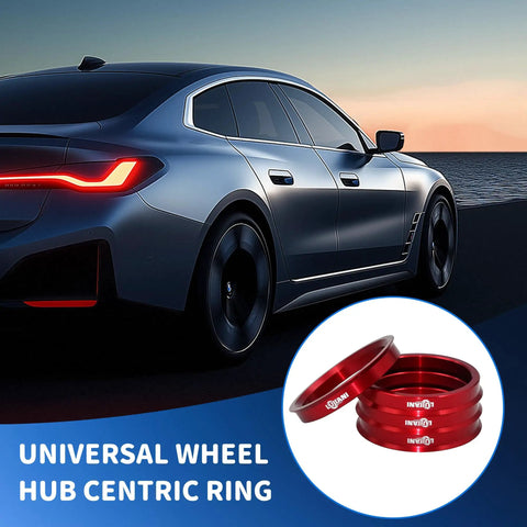 Badass Red Hub Centric Rings Pack Of 4 Drop Over Your Axle For A Snug Fit 66.6 To 57.1 Mm Centerbore Adapters with a car backdrop.