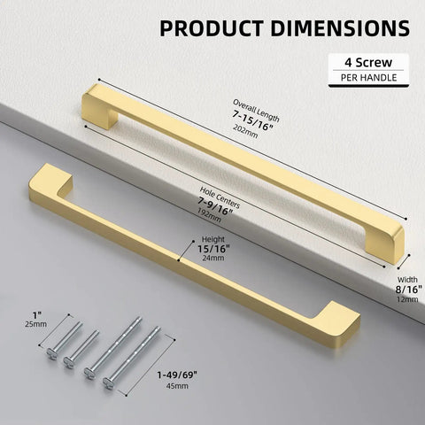 10 Pack 7 Inch Brushed Gold Cabinet Pulls Zinc Alloy Handles For Kitchen Cabinets And Dressers 7 Point 9 Inch Overall Length 0.94 Inch Height 192mm Hole Centers Brushed Brass Drawer Pulls with screws and dimensions shown